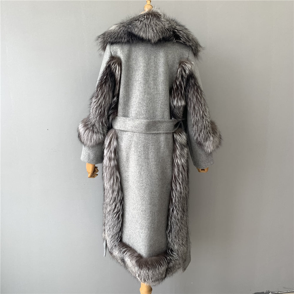 Jaxmonoy Women Wool Coat With Luxury Real Fur Collar And Belt