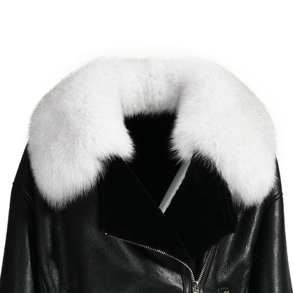 Shearling Coat With Real Fox Fur Collar Leather Jacket For Women