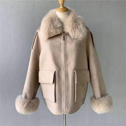 Jaxmonoy Women Cashmere Coat With Real Fur Collar And Cuffs