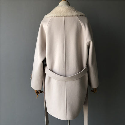 Jaxmonoy Fashion Office Ladies Mid-length Style Cashmere Coat With Sheep Fleece