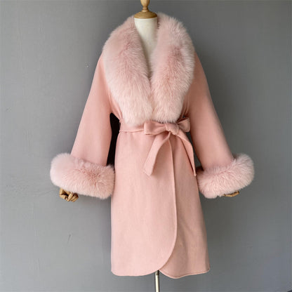 Jaxmonoy Fashionable Women Cashmere Coat With Big Real Fur Collar And Cuffs