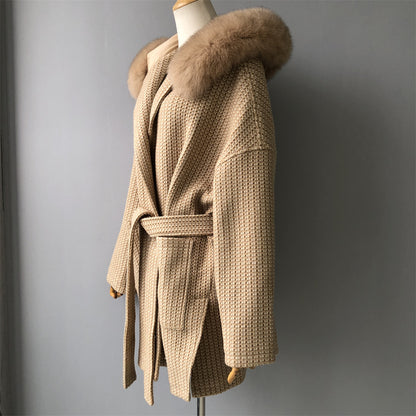 Jaxmonoy Autumn And Winter Cashmere Coat With Real Big Fur Collar