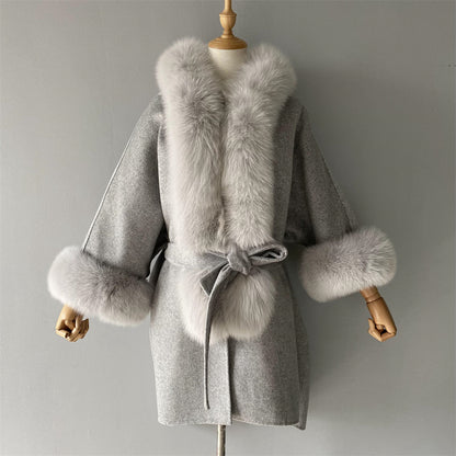 Wholesale Winter Double-sided Hooded Cashmere Coat With Real Fox Fur Collar And Belt Design Fashion Women Real Fox Fur Coat Wool
