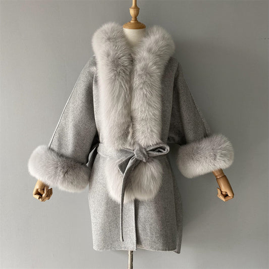 Wholesale Winter Double-sided Hooded Cashmere Coat With Real Fox Fur Collar And Belt Design Fashion Women Real Fox Fur Coat Wool