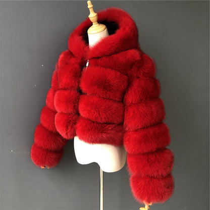 Jaxmonoy Fashionable Luxurious Real Fox Fur Coat With Big Thick Hood