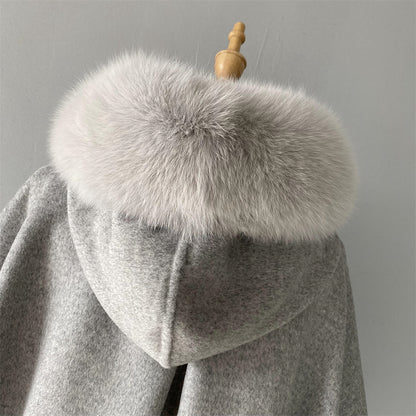 Wholesale Winter Double-sided Hooded Cashmere Coat With Real Fox Fur Collar And Belt Design Fashion Women Real Fox Fur Coat Wool
