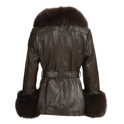 Regular Length Genuine Sheepskin Leather Coat With Real Fox Fur Collar And Cuffs Winter Women Leather Jacket Genuine