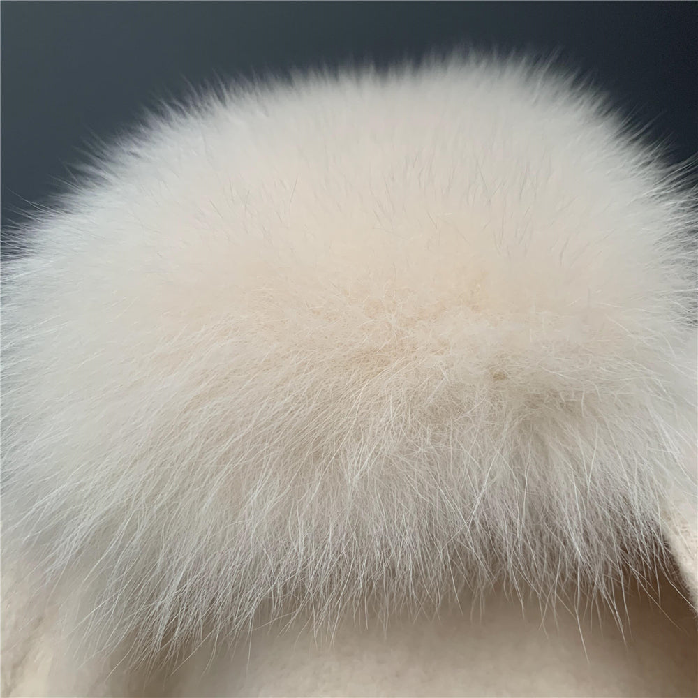 Jaxmonoy Ladies Cashmere Wool Coat Real Fox Fur Collar And Cuffs