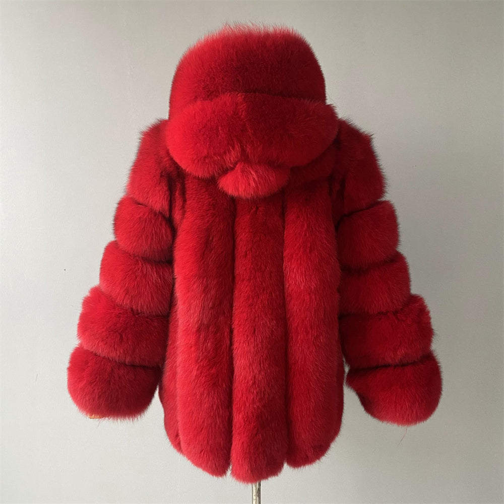 Fashion Ladies Long Sleeves Fluffy Real Fox Fur Coat With Fur Hood