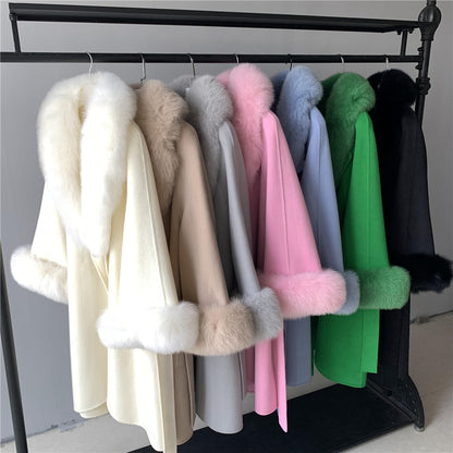 Jaxmonoy Fashionable Women Cashmere Coat With Big Real Fur Collar And Cuffs