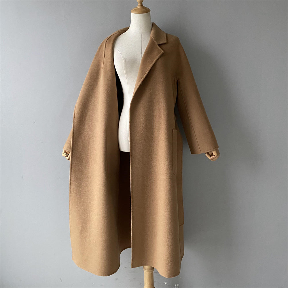 Solid Color Cashmere Coat With Big Side Pocket And Removable Belt