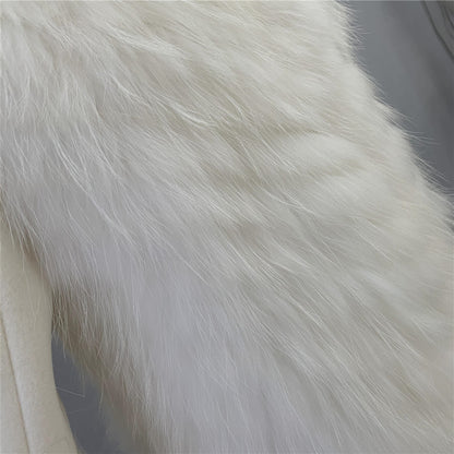 Jaxmonoy Women Cashmere Coat With Real Fur Cuffs Short Style