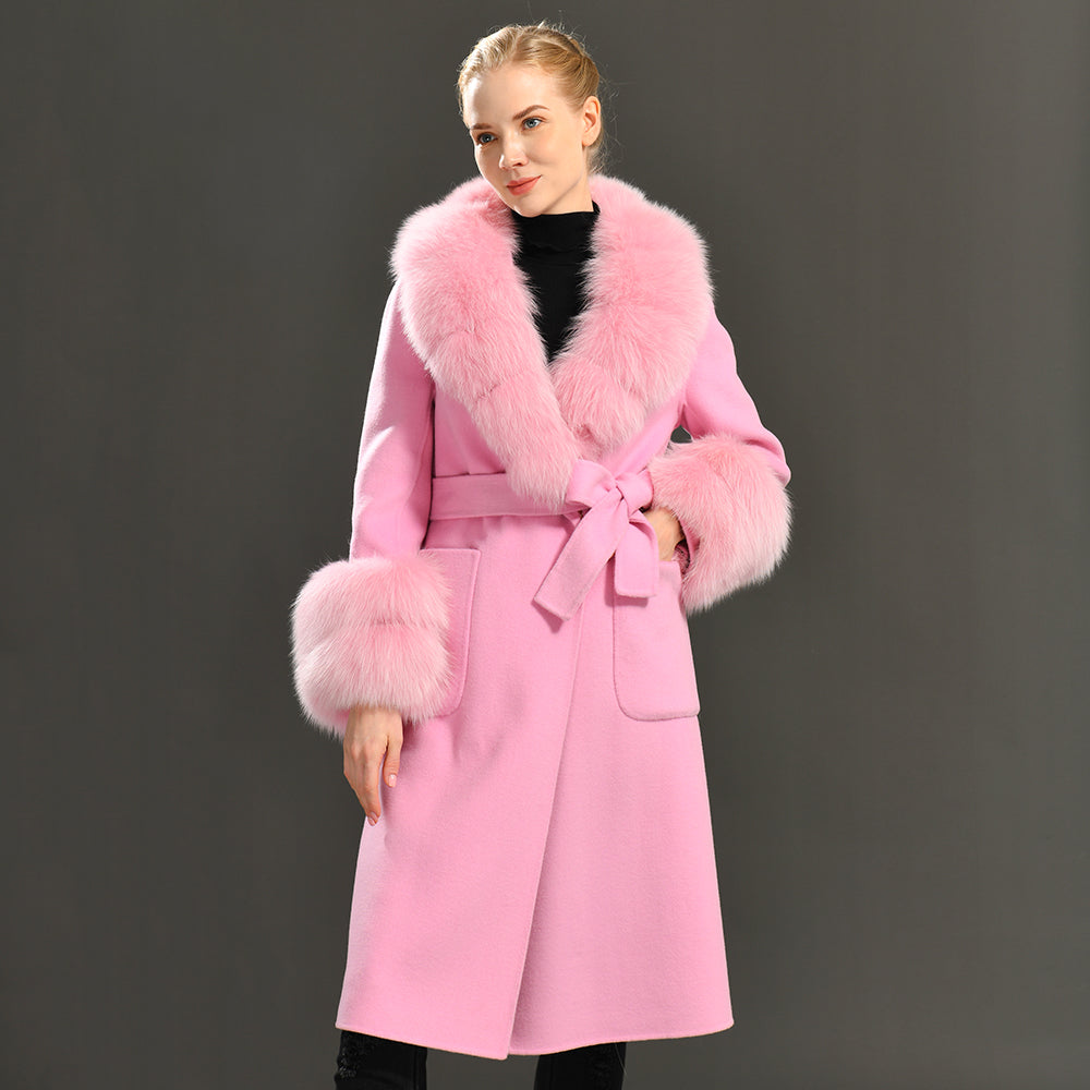 Jaxmonoy Slim Cashmere Coat Long Style Overcoat With Big Real Fur Collar And Double Cuffs