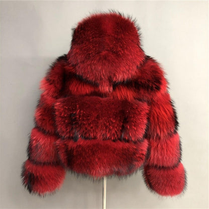 Jaxmonoy Natural 100% Real Raccoon Fur Coats Big Strips With Hood Short Style