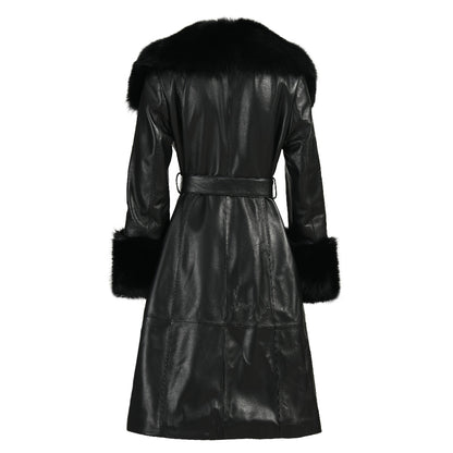 Winter Thick Warm Leather Trench Coat With Real Fox Fur Collar And Cuffs Fashion Long Genuine Leather Coat For Women