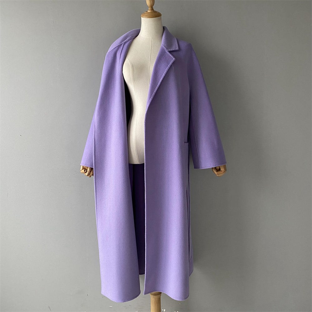 Solid Color Cashmere Coat With Big Side Pocket And Removable Belt