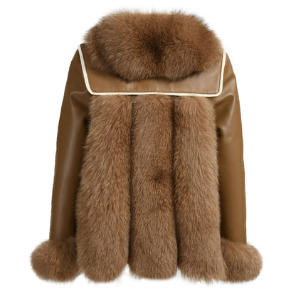 Genuine Leather Jacket With Real Fox Fur V-neck Collar Spring