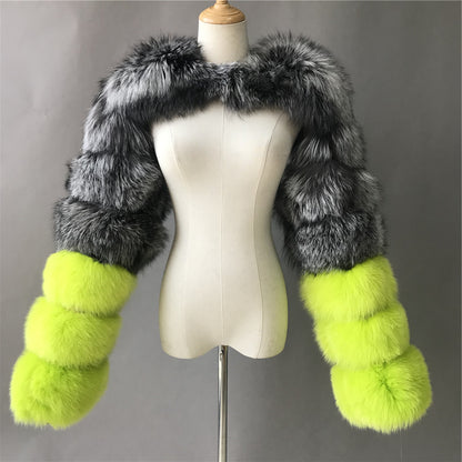 Jaxmonoy Real Fox Fur Coat Double Fur Sleeves Design
