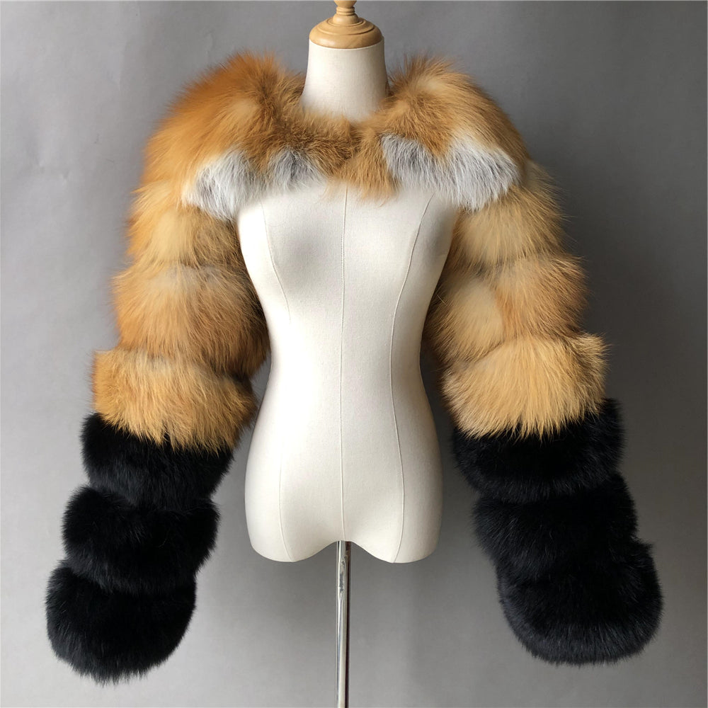 Jaxmonoy Real Fox Fur Coat Double Fur Sleeves Design