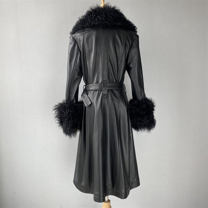 Custom Color Belt Design Genuine Leather Trench Coat With Sheep Fur