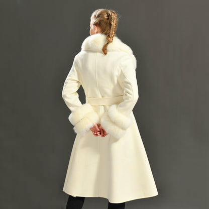 Jaxmonoy Long Cashmere Coat Big Size Real Fur Collar And Cuffs With Big Skirt