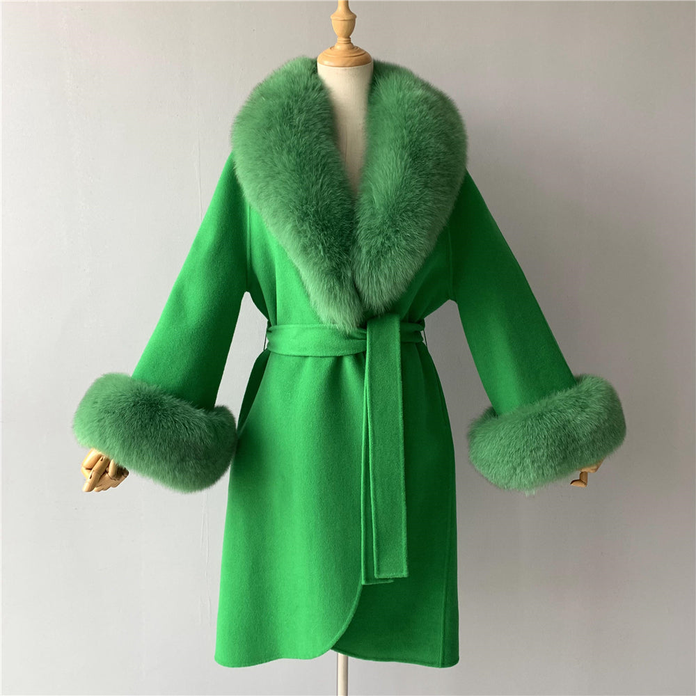 Jaxmonoy Fashionable Women Cashmere Coat With Big Real Fur Collar And Cuffs
