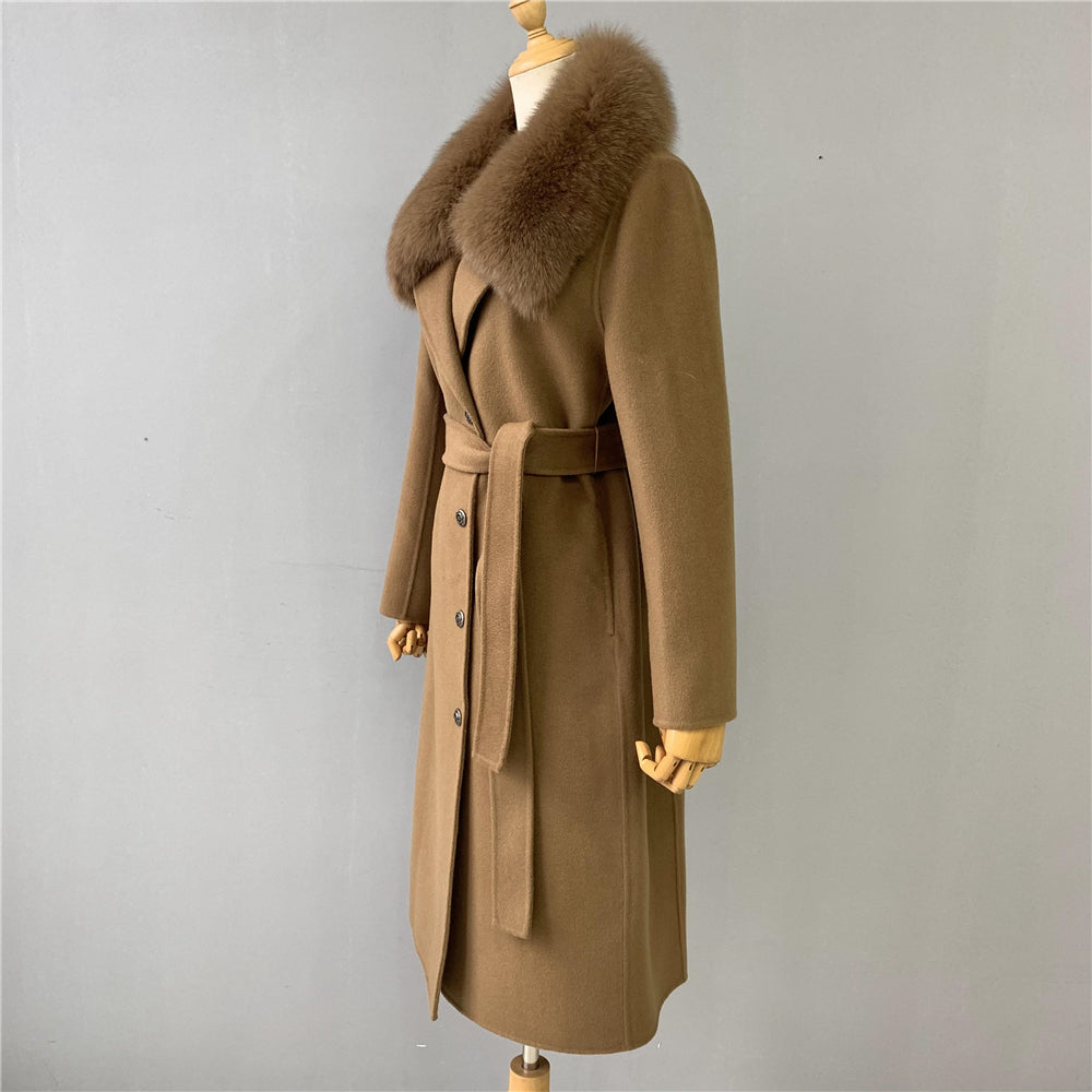 Jaxmonoy Stylish Cashmere Coat Fluffy Fox Fur Collar