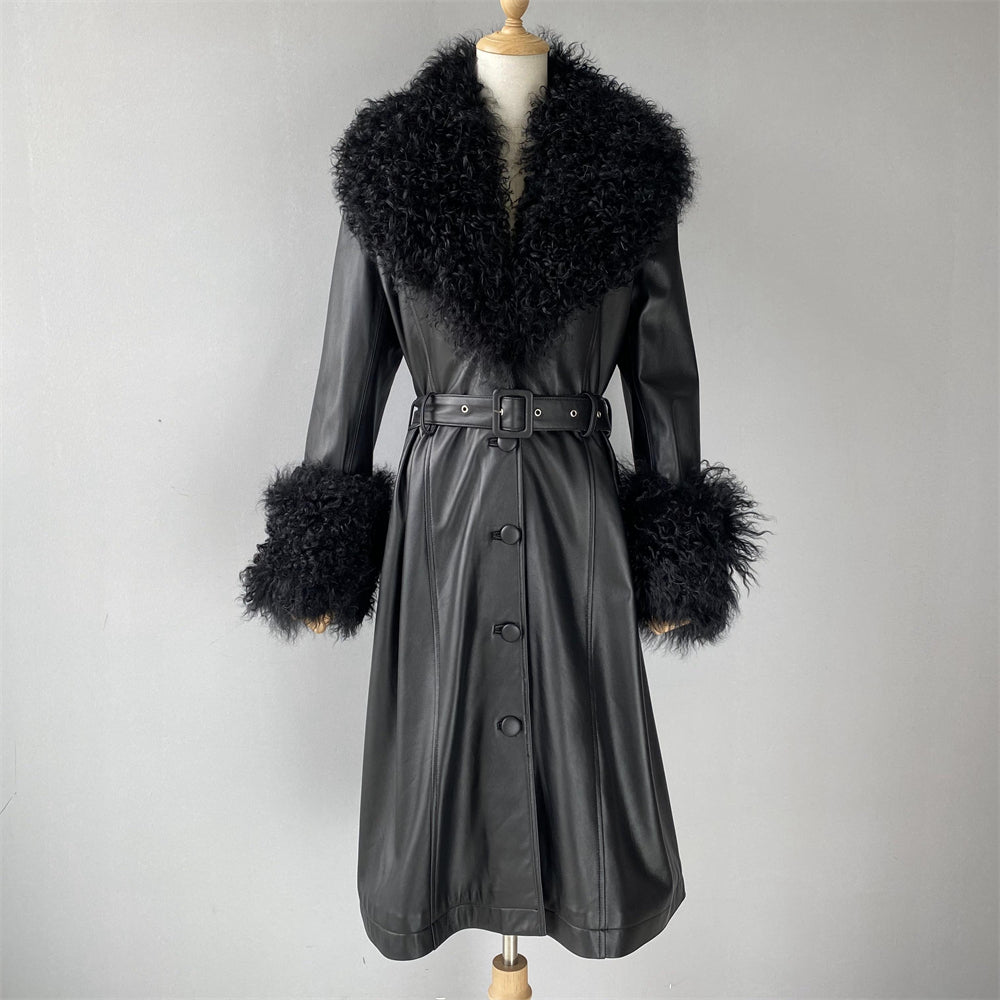 Custom Color Belt Design Genuine Leather Trench Coat With Sheep Fur