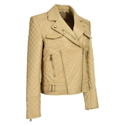 Popular Colorful Leather Coat Belt Zipper Design V-neck Genuine Leather Jacket Women