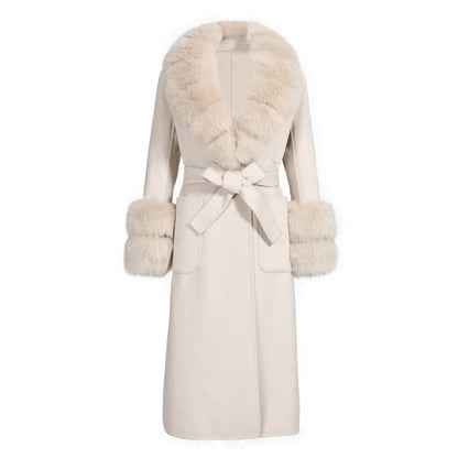 Jaxmonoy Slim Cashmere Coat Long Style Overcoat With Big Real Fur Collar And Double Cuffs