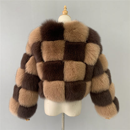 Jaxmonoy Two-color Stitching Classic Style Fashion Warm Winter Real Fox Fur Coat