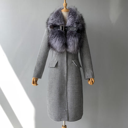 Jaxmonoy Plover Cashmere Coat With Real Fur Collar And Leather Buckle
