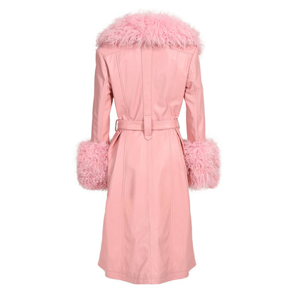 Custom Color Belt Design Genuine Leather Trench Coat With Sheep Fur