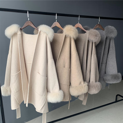 Jaxmonoy Ladies Cashmere Wool Coat Real Fox Fur Collar And Cuffs