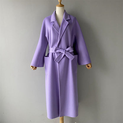 Solid Color Cashmere Coat With Big Side Pocket And Removable Belt