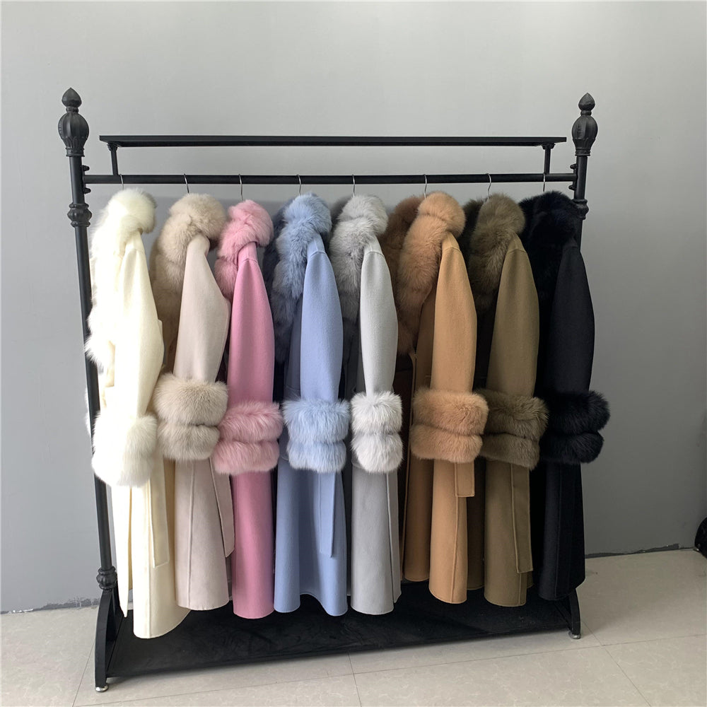 Jaxmonoy Slim Cashmere Coat Long Style Overcoat With Big Real Fur Collar And Double Cuffs