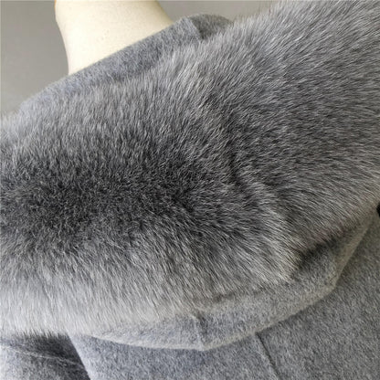 Jaxmonoy Women Cashmere Long Winter Coat Big Real Fur Jacket Horn Button Overcoat
