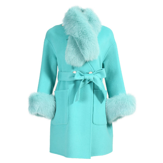 Wholesale Cashmere Coat With Real Detachable Fox Fur Scarf And Cuffs Winter High Quality Wool Blend Coats For Women
