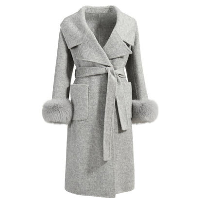 New Style Double-sided Cashmere Coat With Removable Fur Cuffs Custom Fashion Women Long Wool Cashmere Coat