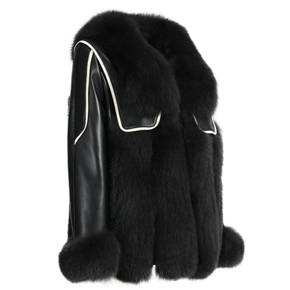 Genuine Leather Jacket With Real Fox Fur V-neck Collar Spring