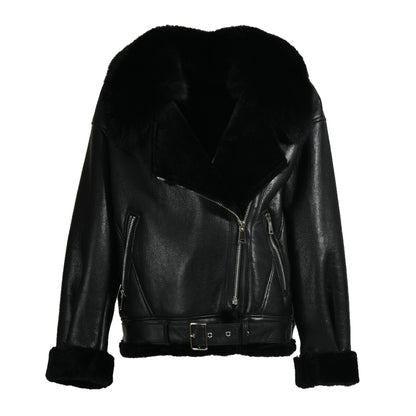 Shearling Coat With Real Fox Fur Collar Leather Jacket For Women