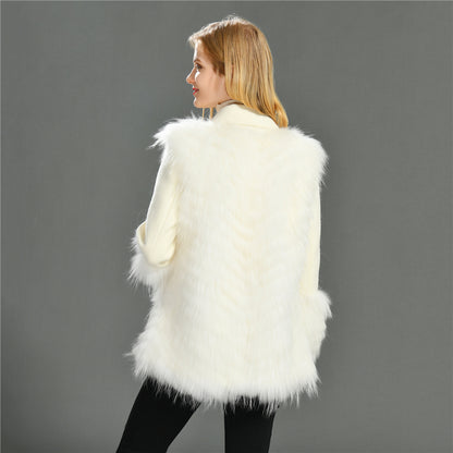 Jaxmonoy Women Cashmere Coat With Real Fur Cuffs Short Style