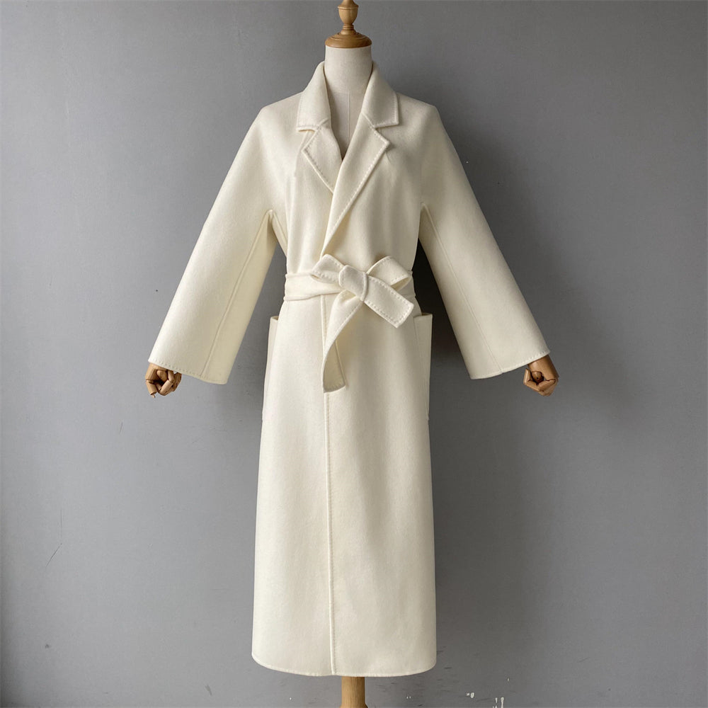 Solid Color Cashmere Coat With Big Side Pocket And Removable Belt