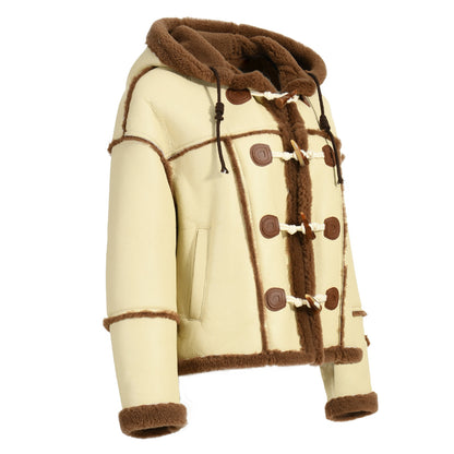 Horn Button Hooded Genuine Leather Jacket With Real Fur Winter