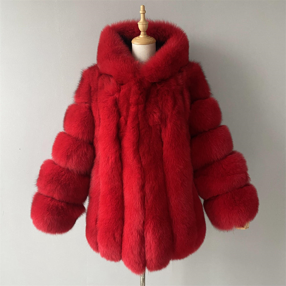 Fashion Ladies Long Sleeves Fluffy Real Fox Fur Coat With Fur Hood