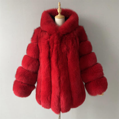 Fashion Ladies Long Sleeves Fluffy Real Fox Fur Coat With Fur Hood