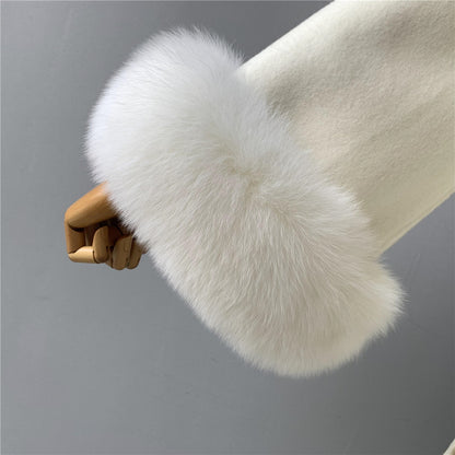 Jaxmonoy Fashionable Women Cashmere Coat With Big Real Fur Collar And Cuffs