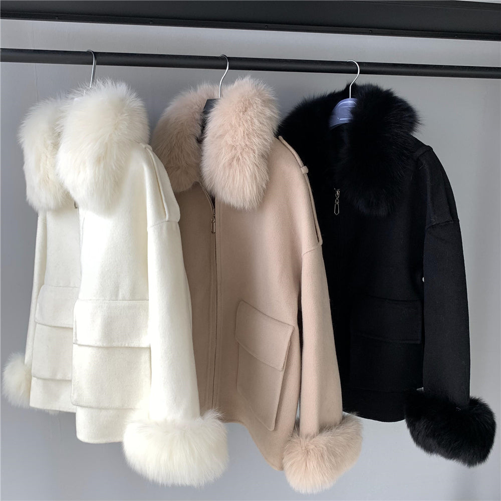 Jaxmonoy Women Cashmere Coat With Real Fur Collar And Cuffs