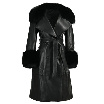 Winter Thick Warm Leather Trench Coat With Real Fox Fur Collar And Cuffs Fashion Long Genuine Leather Coat For Women