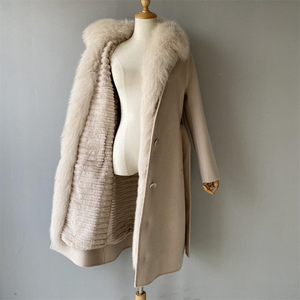 Double Breasted Long Style Breathable Wool Coat With Real Fur Collar
